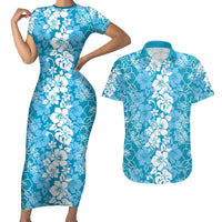 Hawaiian Lei Day Couples Matching Short Sleeve Bodycon Dress and Hawaiian Shirt Blue Hibiscus Flowers Lei Art LT9 Blue - Polynesian Pride