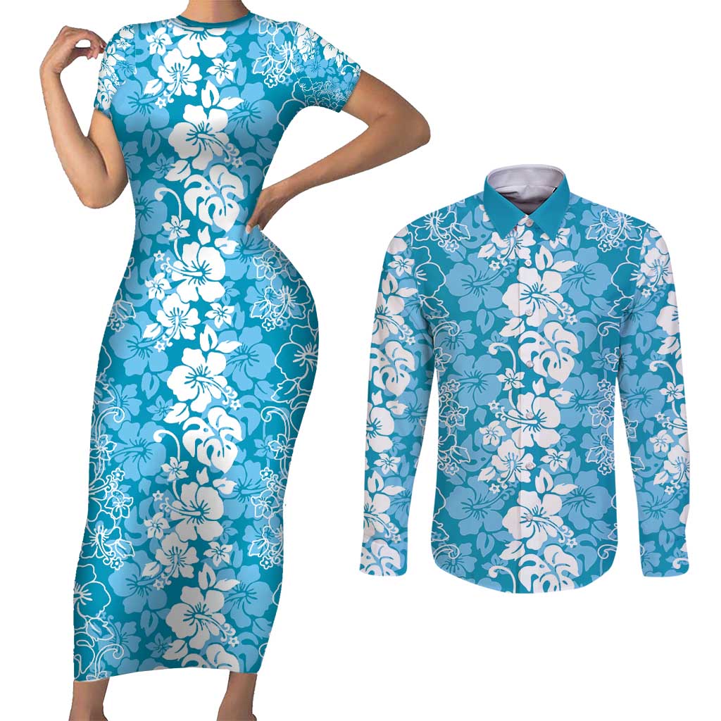 Hawaiian Lei Day Couples Matching Short Sleeve Bodycon Dress and Long Sleeve Button Shirt Blue Hibiscus Flowers Lei Art LT9 Blue - Polynesian Pride