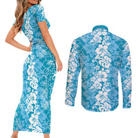 Hawaiian Lei Day Couples Matching Short Sleeve Bodycon Dress and Long Sleeve Button Shirt Blue Hibiscus Flowers Lei Art LT9 - Polynesian Pride