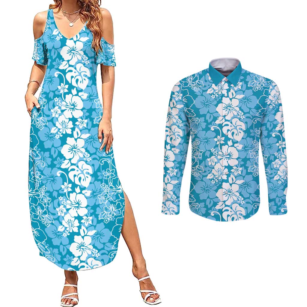 Hawaiian Lei Day Couples Matching Summer Maxi Dress and Long Sleeve Button Shirt Blue Hibiscus Flowers Lei Art LT9 Blue - Polynesian Pride