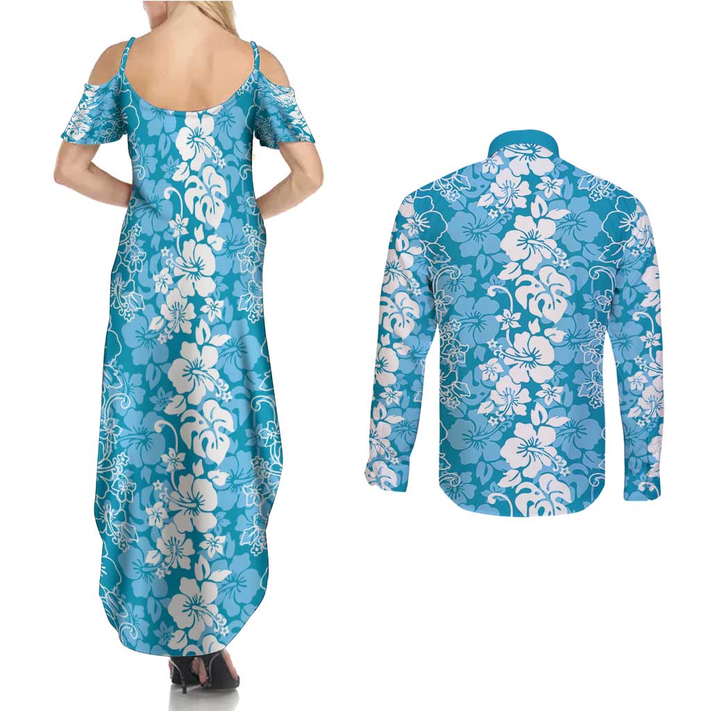 Hawaiian Lei Day Couples Matching Summer Maxi Dress and Long Sleeve Button Shirt Blue Hibiscus Flowers Lei Art LT9 - Polynesian Pride