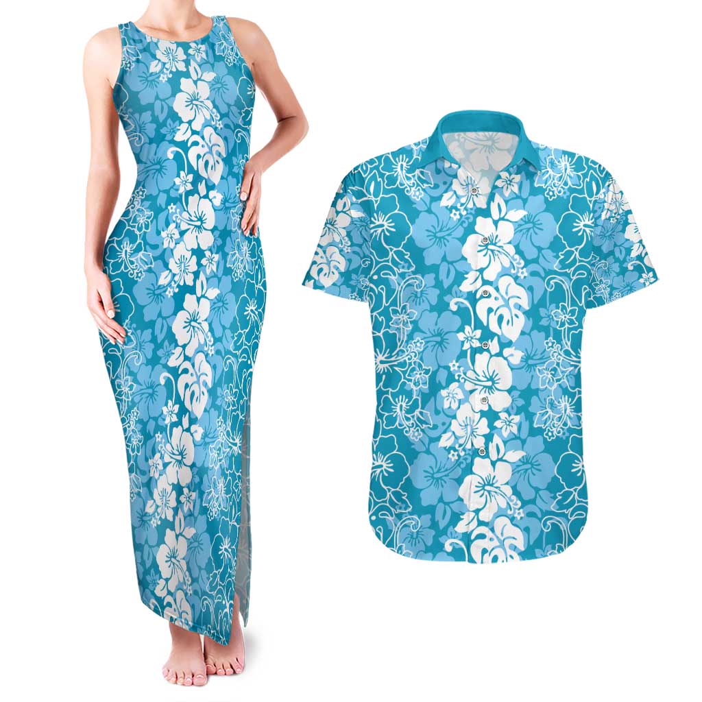 Hawaiian Lei Day Couples Matching Tank Maxi Dress and Hawaiian Shirt Blue Hibiscus Flowers Lei Art LT9 Blue - Polynesian Pride
