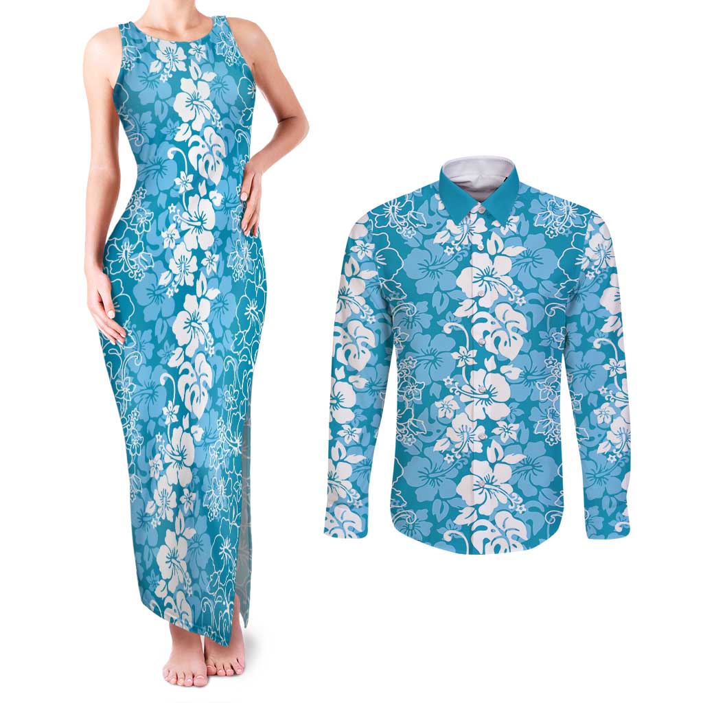 Hawaiian Lei Day Couples Matching Tank Maxi Dress and Long Sleeve Button Shirt Blue Hibiscus Flowers Lei Art LT9 Blue - Polynesian Pride