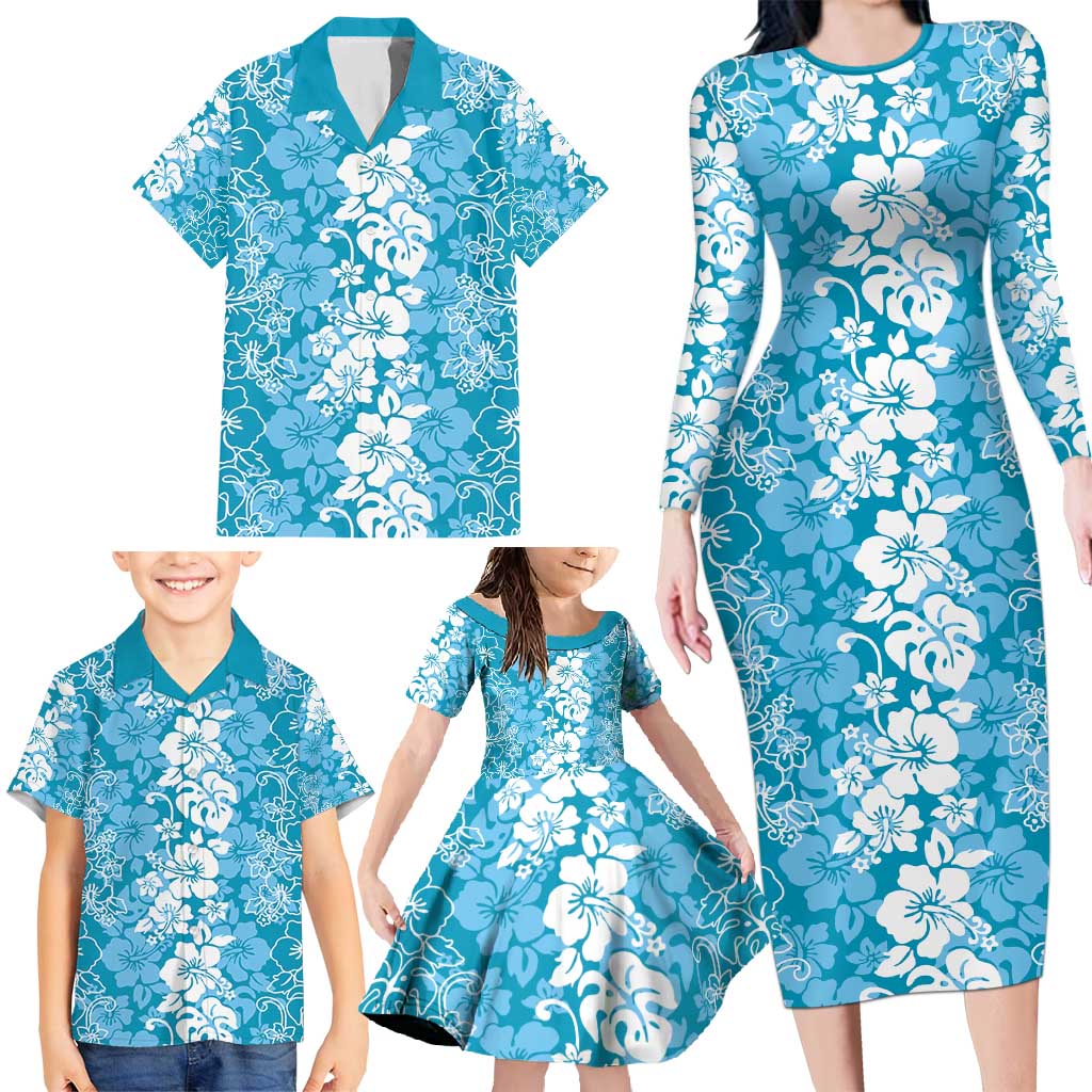 Hawaiian Lei Day Family Matching Long Sleeve Bodycon Dress and Hawaiian Shirt Blue Hibiscus Flowers Lei Art LT9 - Polynesian Pride