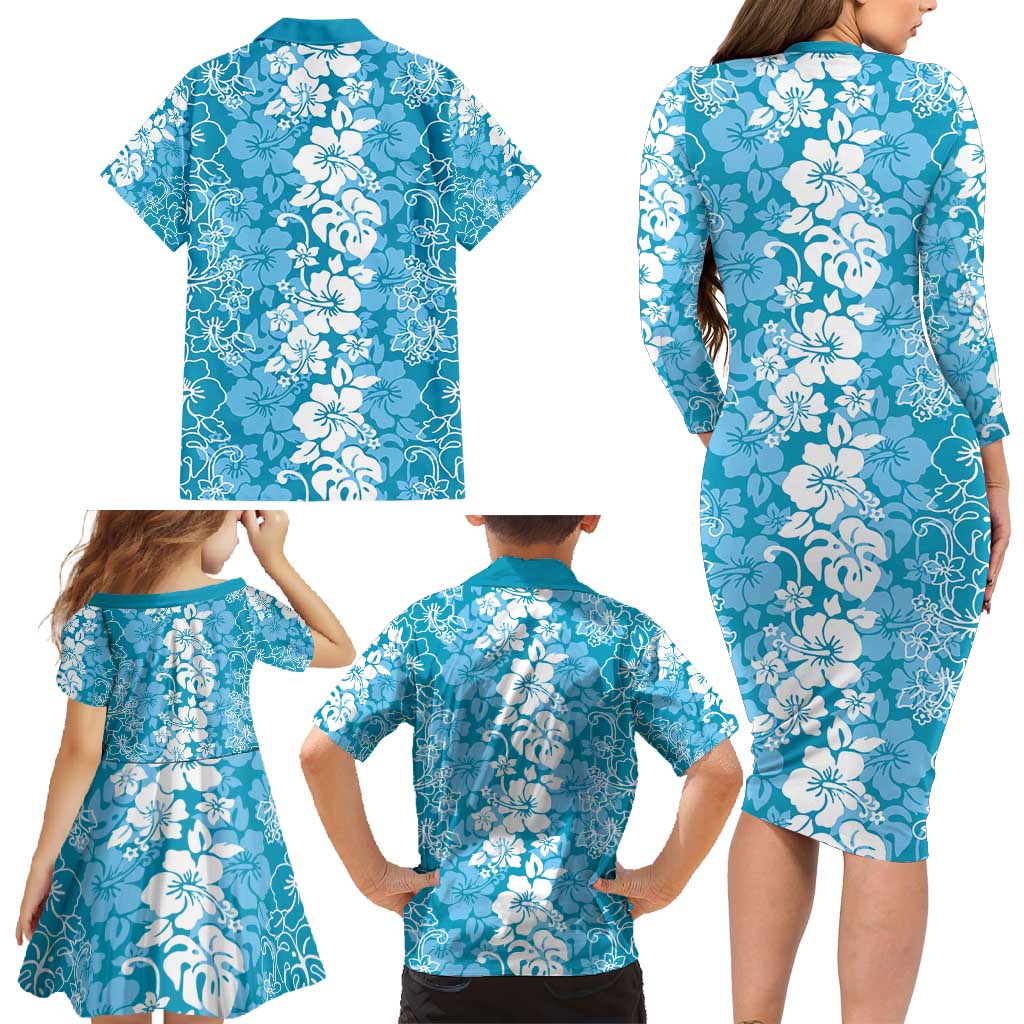 Hawaiian Lei Day Family Matching Long Sleeve Bodycon Dress and Hawaiian Shirt Blue Hibiscus Flowers Lei Art LT9 - Polynesian Pride