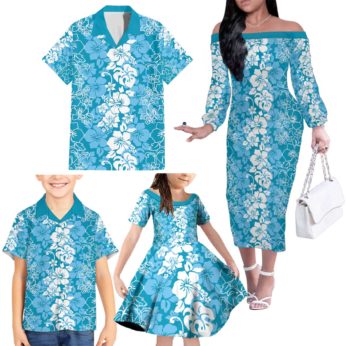 Hawaiian Lei Day Family Matching Off The Shoulder Long Sleeve Dress and Hawaiian Shirt Blue Hibiscus Flowers Lei Art LT9 - Polynesian Pride