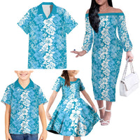 Hawaiian Lei Day Family Matching Off The Shoulder Long Sleeve Dress and Hawaiian Shirt Blue Hibiscus Flowers Lei Art LT9 - Polynesian Pride