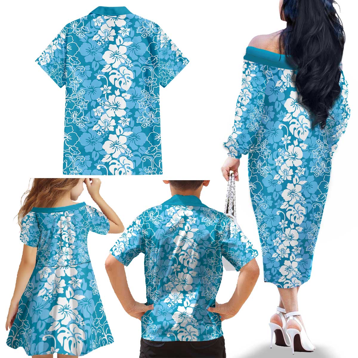 Hawaiian Lei Day Family Matching Off The Shoulder Long Sleeve Dress and Hawaiian Shirt Blue Hibiscus Flowers Lei Art LT9 - Polynesian Pride