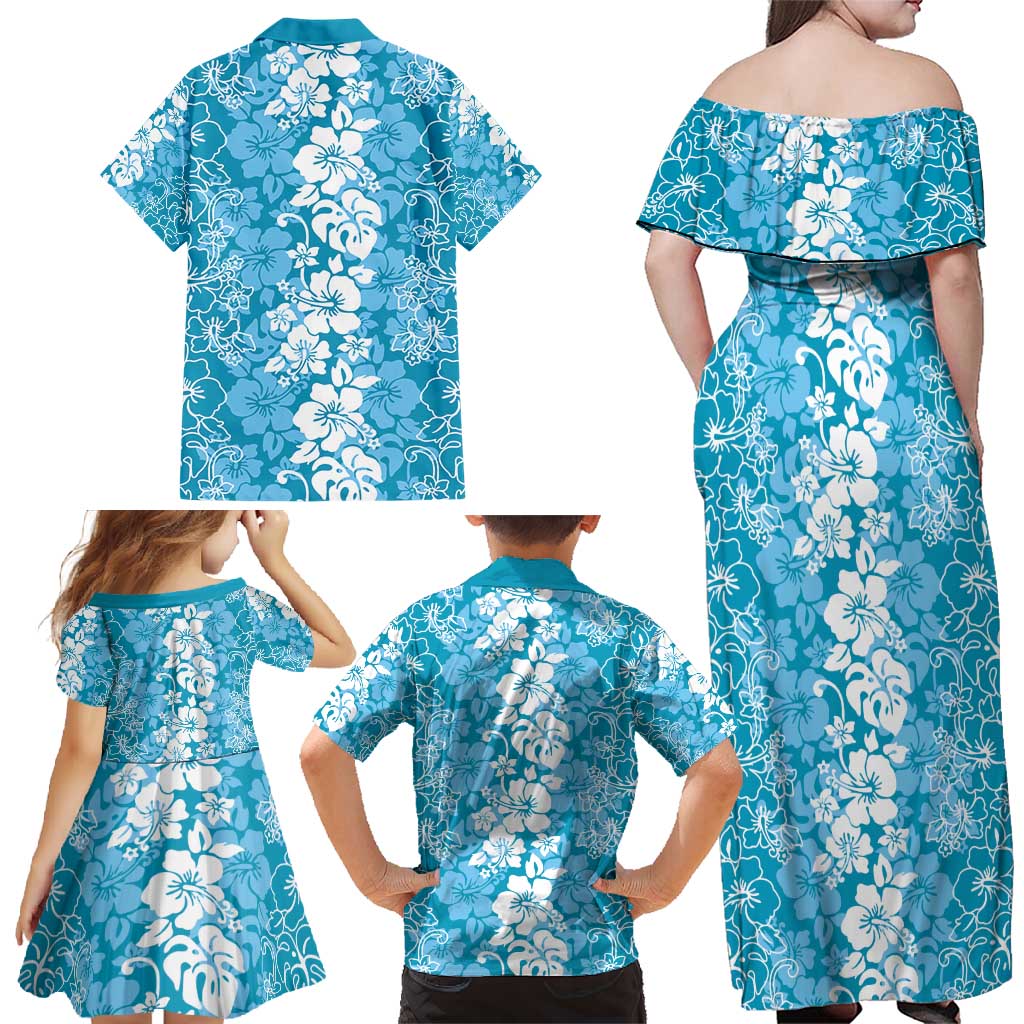 Hawaiian Lei Day Family Matching Off Shoulder Maxi Dress and Hawaiian Shirt Blue Hibiscus Flowers Lei Art LT9 - Polynesian Pride