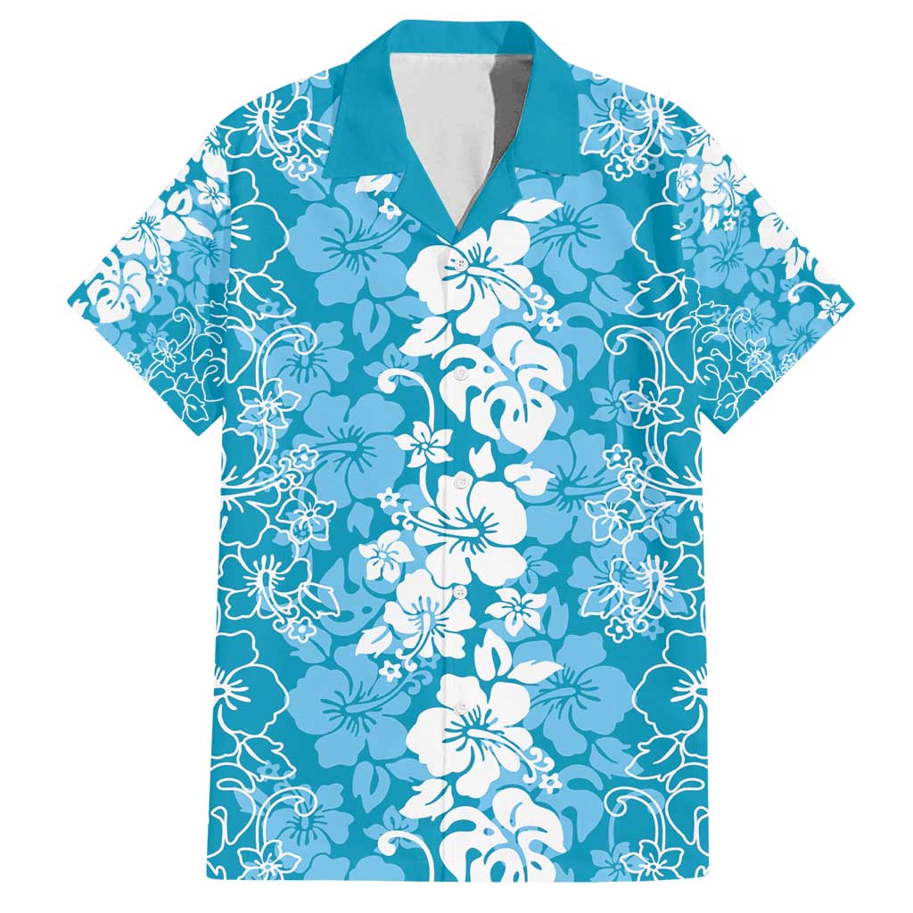 Hawaiian Lei Day Family Matching Off Shoulder Maxi Dress and Hawaiian Shirt Blue Hibiscus Flowers Lei Art LT9 Dad's Shirt - Short Sleeve Blue - Polynesian Pride