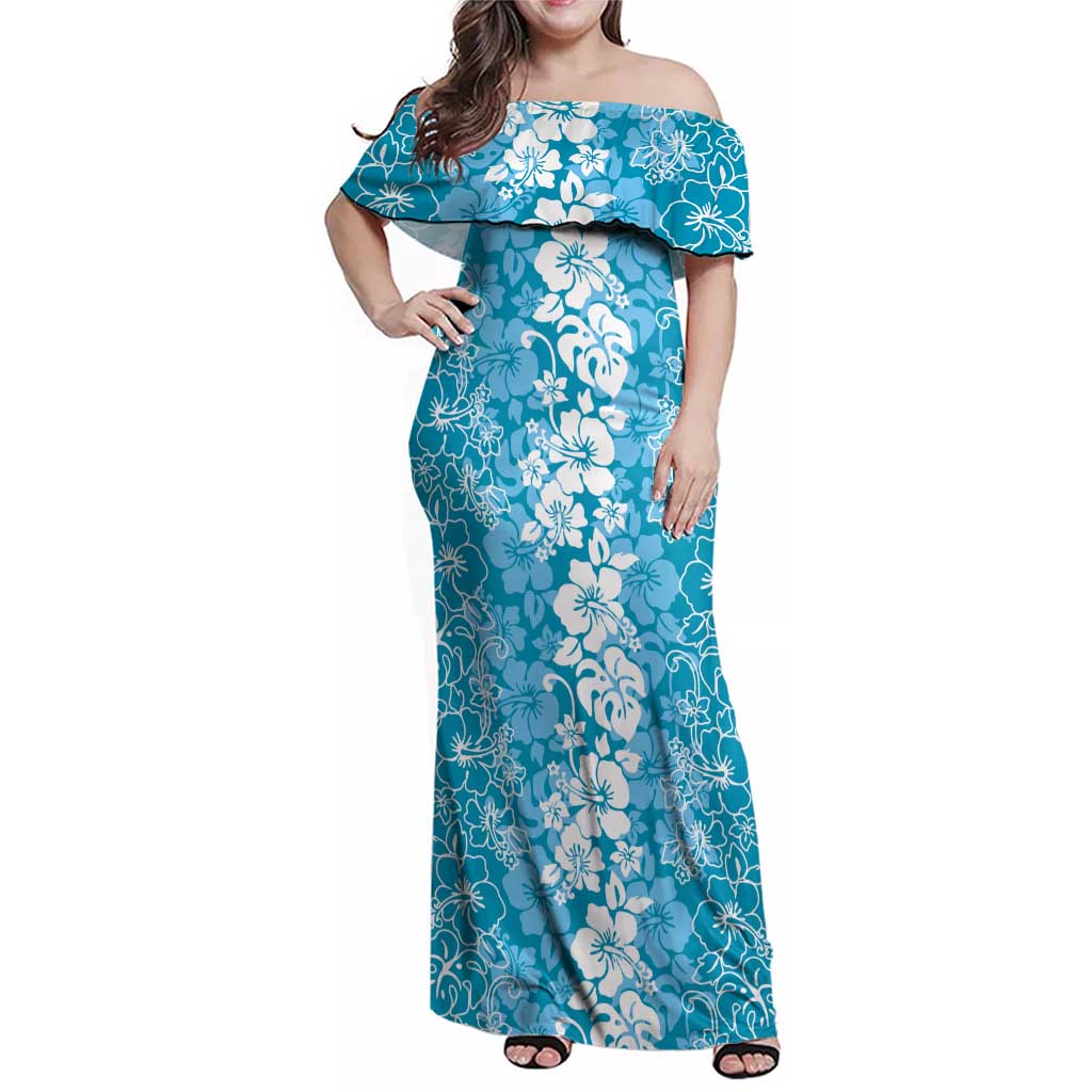 Hawaiian Lei Day Family Matching Off Shoulder Maxi Dress and Hawaiian Shirt Blue Hibiscus Flowers Lei Art LT9 Mom's Dress Blue - Polynesian Pride