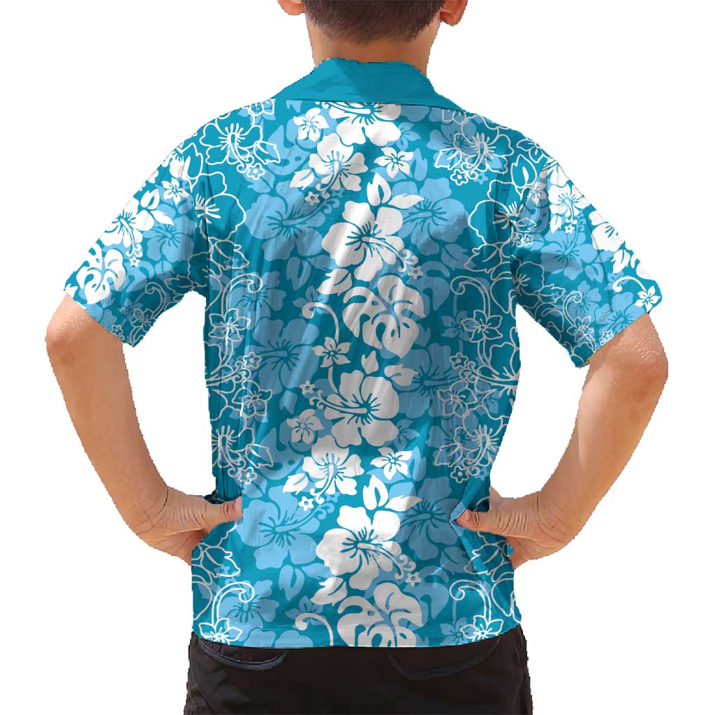 Hawaiian Lei Day Family Matching Off Shoulder Short Dress and Hawaiian Shirt Blue Hibiscus Flowers Lei Art LT9 - Polynesian Pride