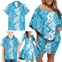 Hawaiian Lei Day Family Matching Off Shoulder Short Dress and Hawaiian Shirt Blue Hibiscus Flowers Lei Art LT9 - Polynesian Pride