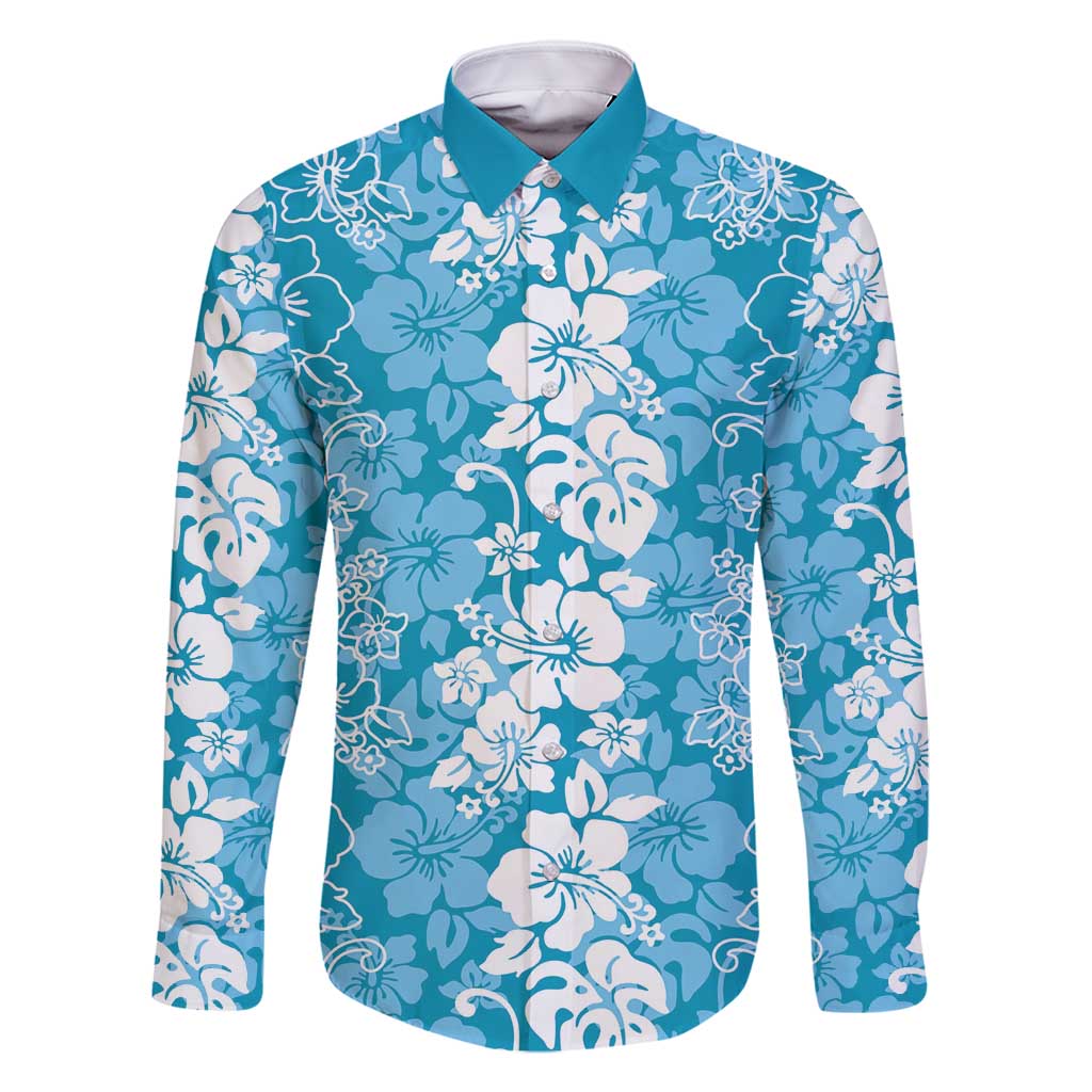 Hawaiian Lei Day Family Matching Off Shoulder Short Dress and Hawaiian Shirt Blue Hibiscus Flowers Lei Art LT9 Dad's Shirt - Long Sleeve Blue - Polynesian Pride