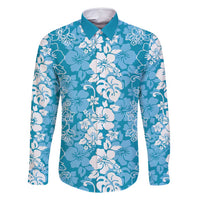 Hawaiian Lei Day Family Matching Off Shoulder Short Dress and Hawaiian Shirt Blue Hibiscus Flowers Lei Art LT9 Dad's Shirt - Long Sleeve Blue - Polynesian Pride