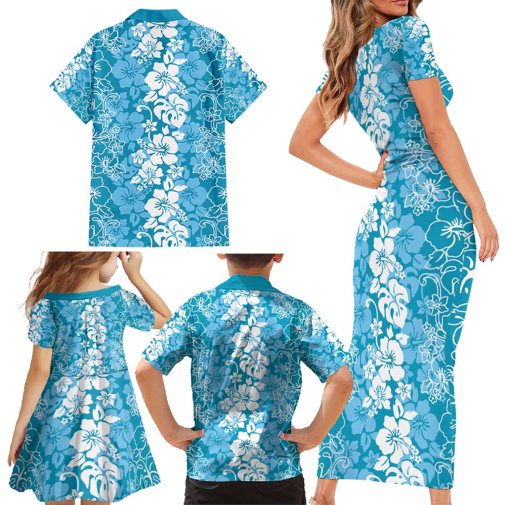 Hawaiian Lei Day Family Matching Short Sleeve Bodycon Dress and Hawaiian Shirt Blue Hibiscus Flowers Lei Art LT9 - Polynesian Pride