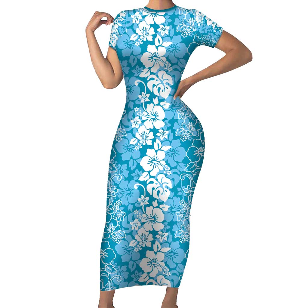 Hawaiian Lei Day Family Matching Short Sleeve Bodycon Dress and Hawaiian Shirt Blue Hibiscus Flowers Lei Art LT9 Mom's Dress Blue - Polynesian Pride