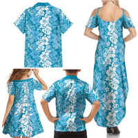Hawaiian Lei Day Family Matching Summer Maxi Dress and Hawaiian Shirt Blue Hibiscus Flowers Lei Art LT9 - Polynesian Pride