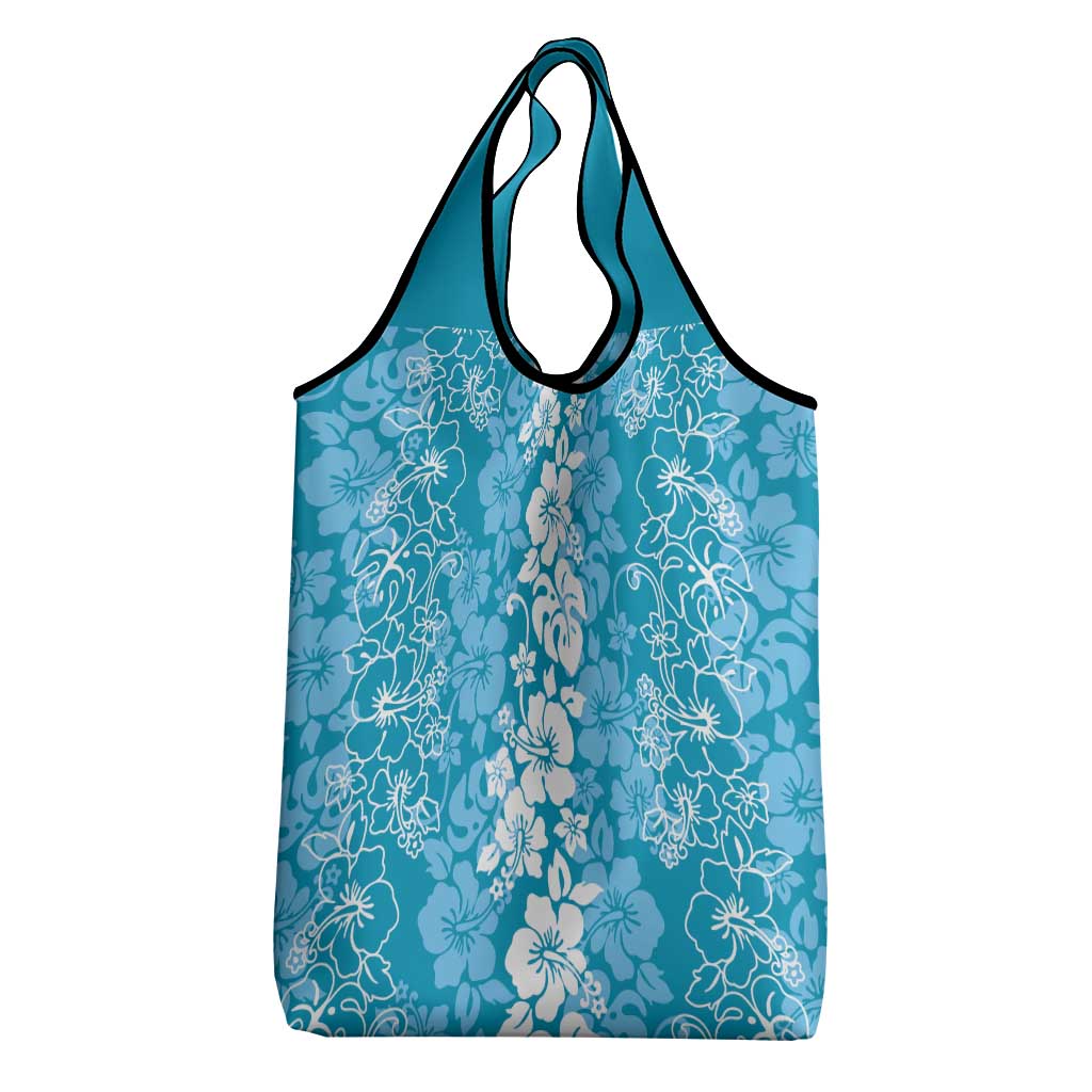 Hawaiian Lei Day Grocery Bag Blue Hibiscus Flowers Lei Art
