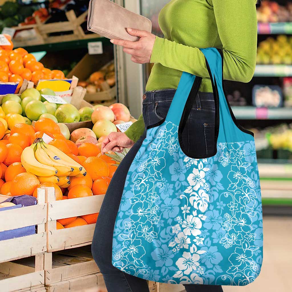 Hawaiian Lei Day Grocery Bag Blue Hibiscus Flowers Lei Art