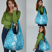 Hawaiian Lei Day Grocery Bag Blue Hibiscus Flowers Lei Art