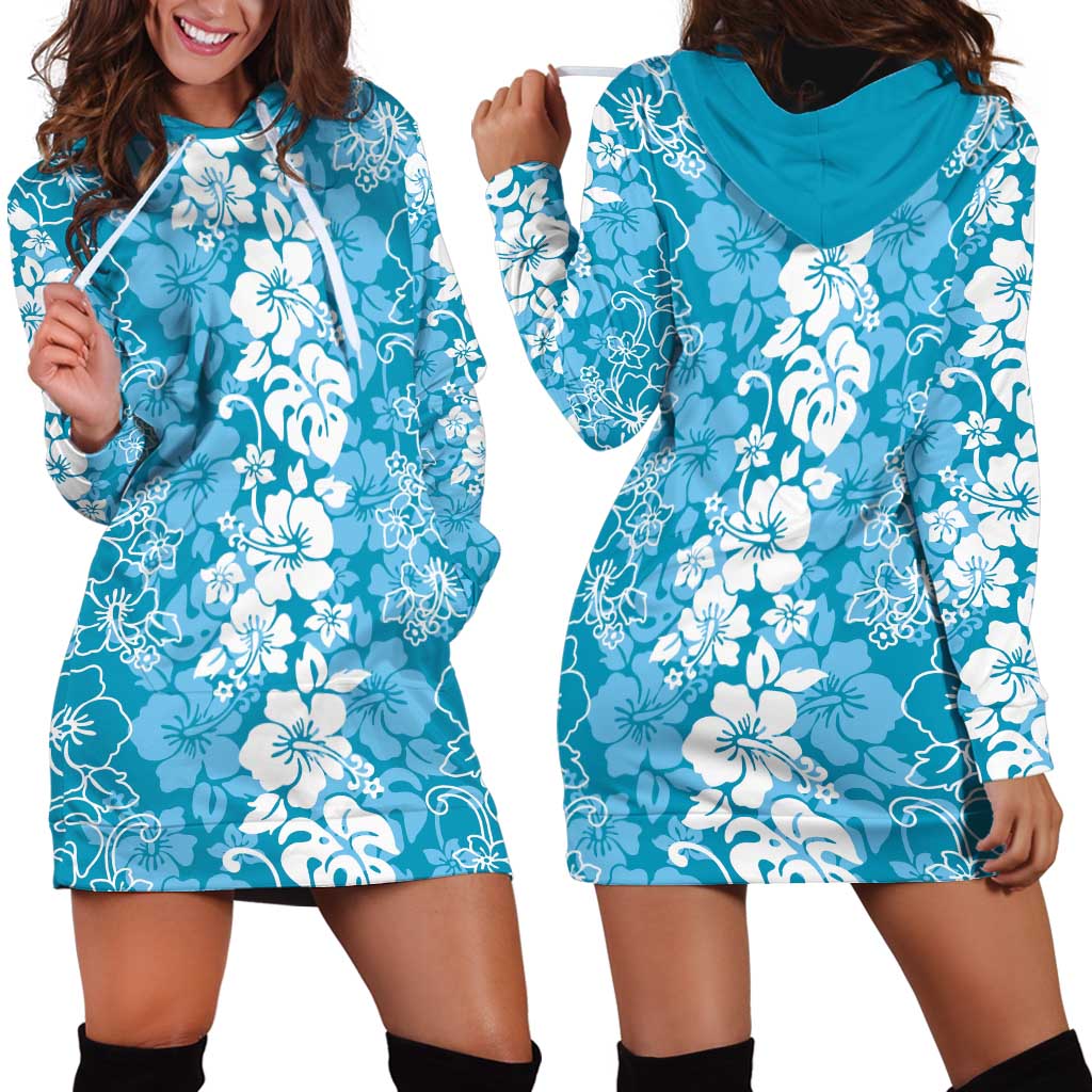 Hawaiian Lei Day Hoodie Dress Blue Hibiscus Flowers Lei Art LT9 - Polynesian Pride