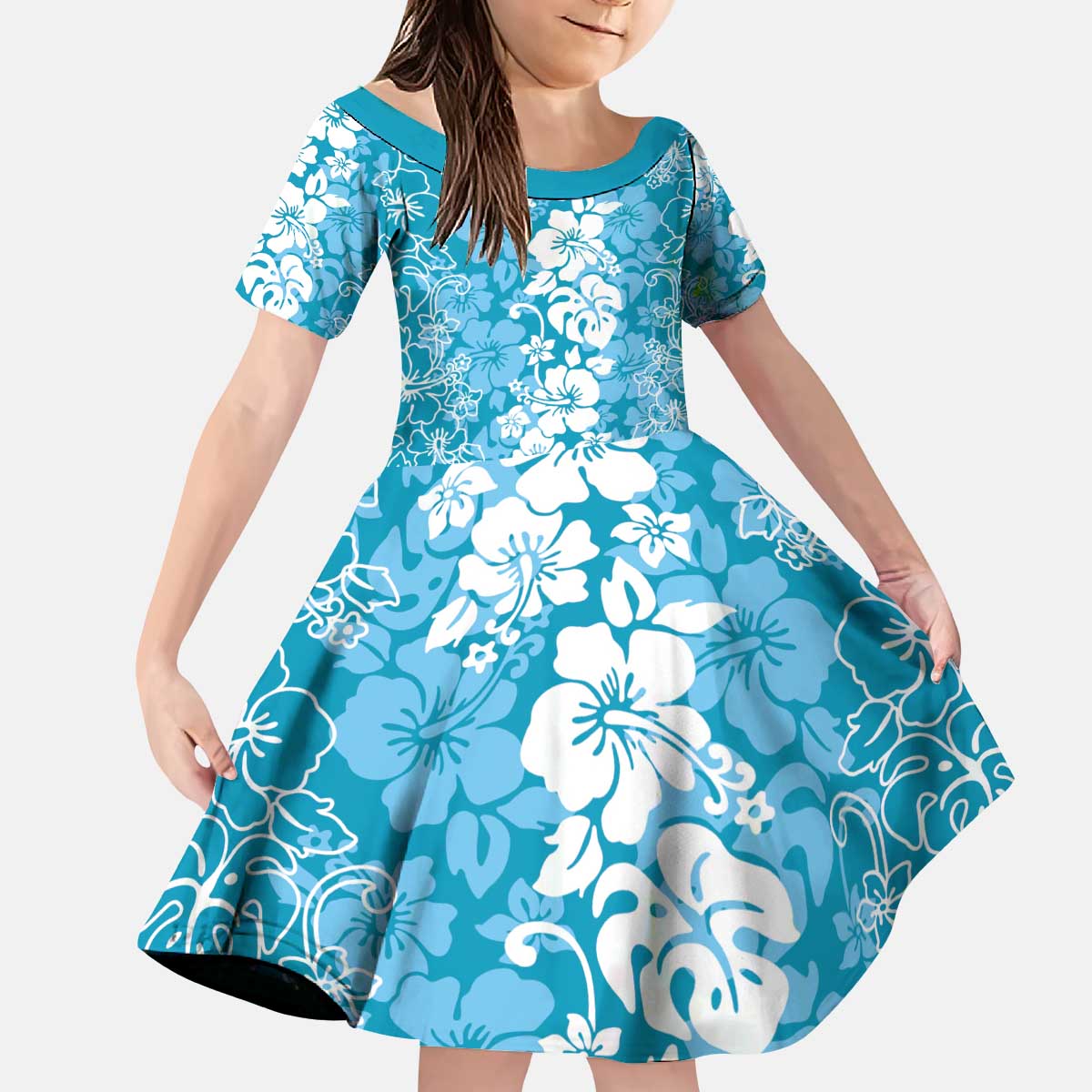 Hawaiian Lei Day Kid Short Sleeve Dress Blue Hibiscus Flowers Lei Art LT9 KID Blue - Polynesian Pride