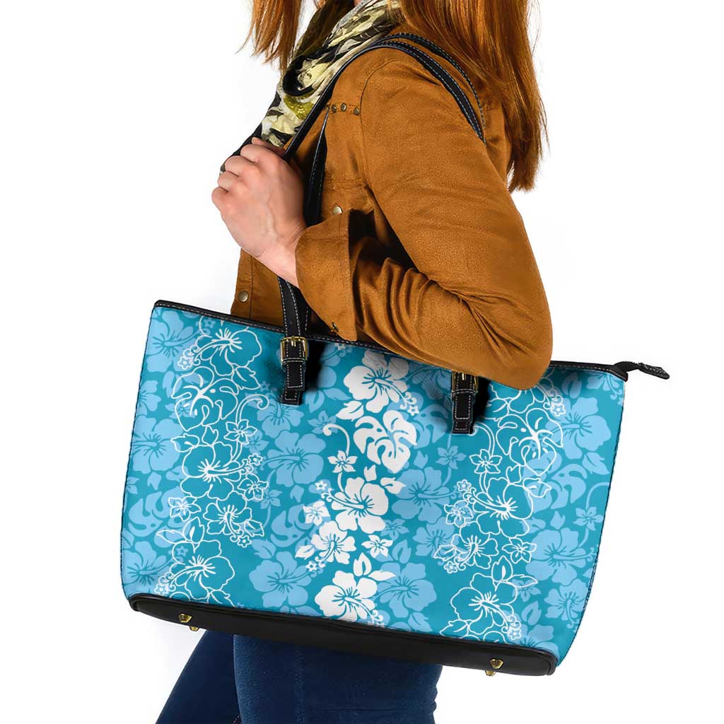 Hawaiian Lei Day Leather Tote Bag Blue Hibiscus Flowers Lei Art LT9 Blue - Polynesian Pride