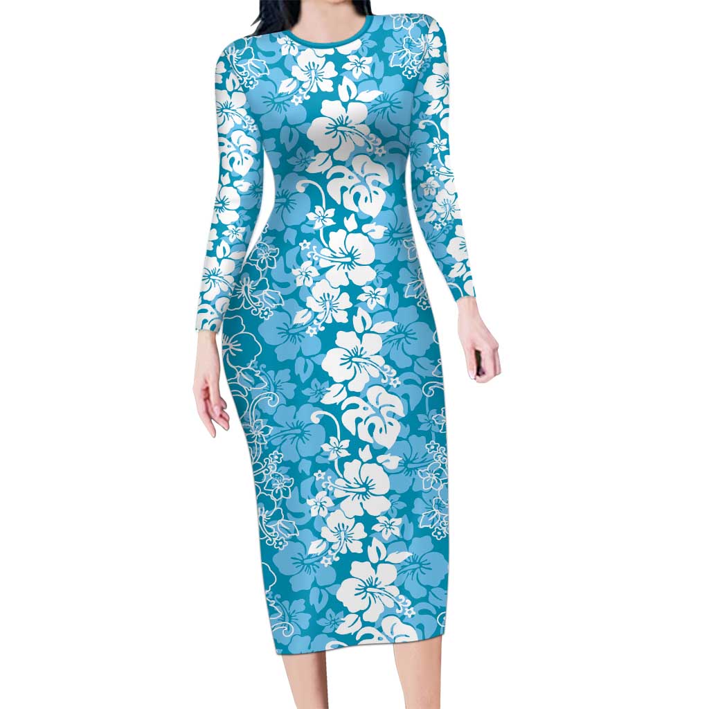 Hawaiian Lei Day Long Sleeve Bodycon Dress Blue Hibiscus Flowers Lei Art