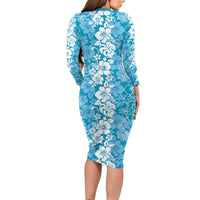 Hawaiian Lei Day Long Sleeve Bodycon Dress Blue Hibiscus Flowers Lei Art