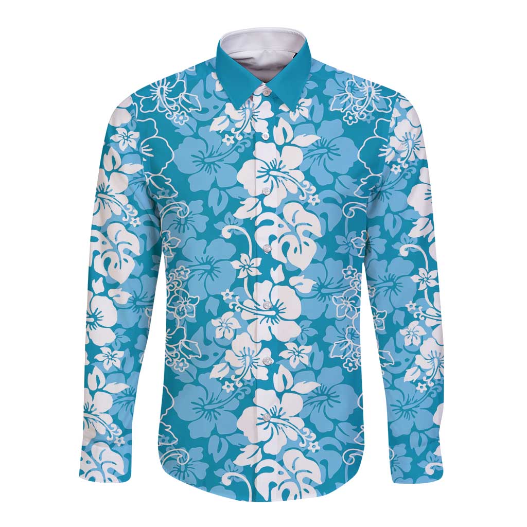 Hawaiian Lei Day Long Sleeve Button Shirt Blue Hibiscus Flowers Lei Art LT9 Unisex Blue - Polynesian Pride