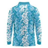 Hawaiian Lei Day Long Sleeve Polo Shirt Blue Hibiscus Flowers Lei Art