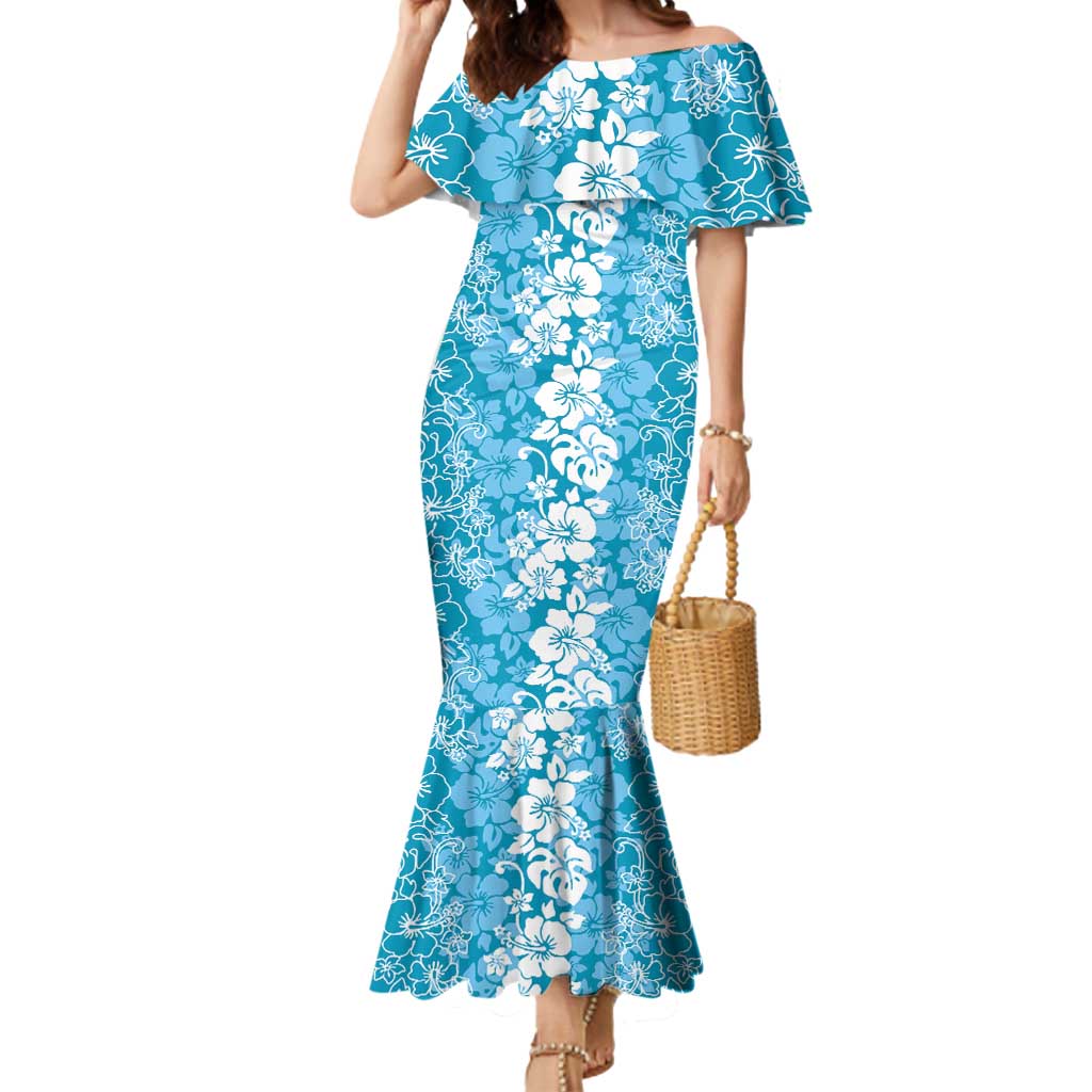 Hawaiian Lei Day Mermaid Dress Blue Hibiscus Flowers Lei Art