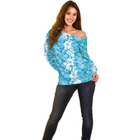 Hawaiian Lei Day Off Shoulder Sweater Blue Hibiscus Flowers Lei Art