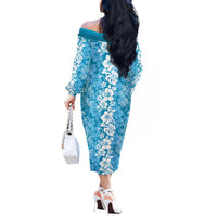 Hawaiian Lei Day Off The Shoulder Long Sleeve Dress Blue Hibiscus Flowers Lei Art LT9 - Polynesian Pride