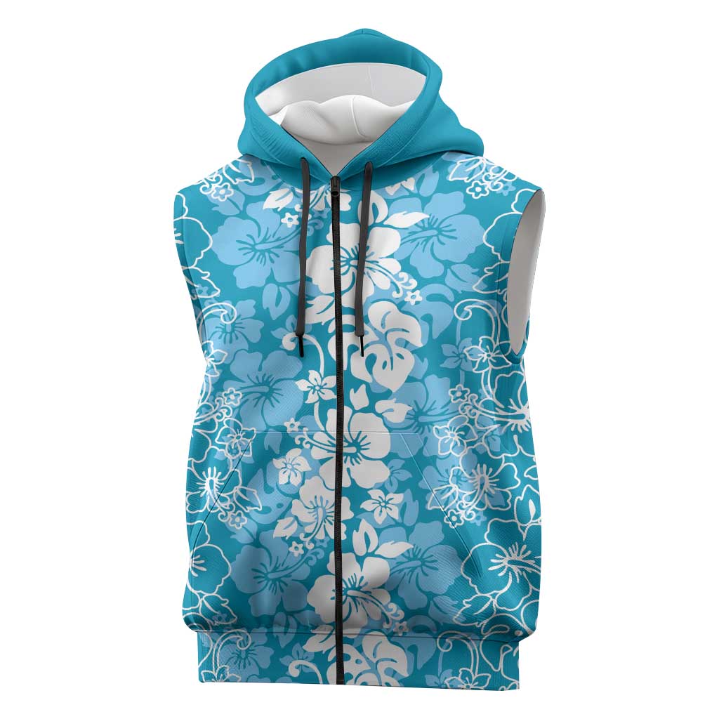 Hawaiian Lei Day Sleeveless Zip Hoodie Blue Hibiscus Flowers Lei Art - Polynesian Pride