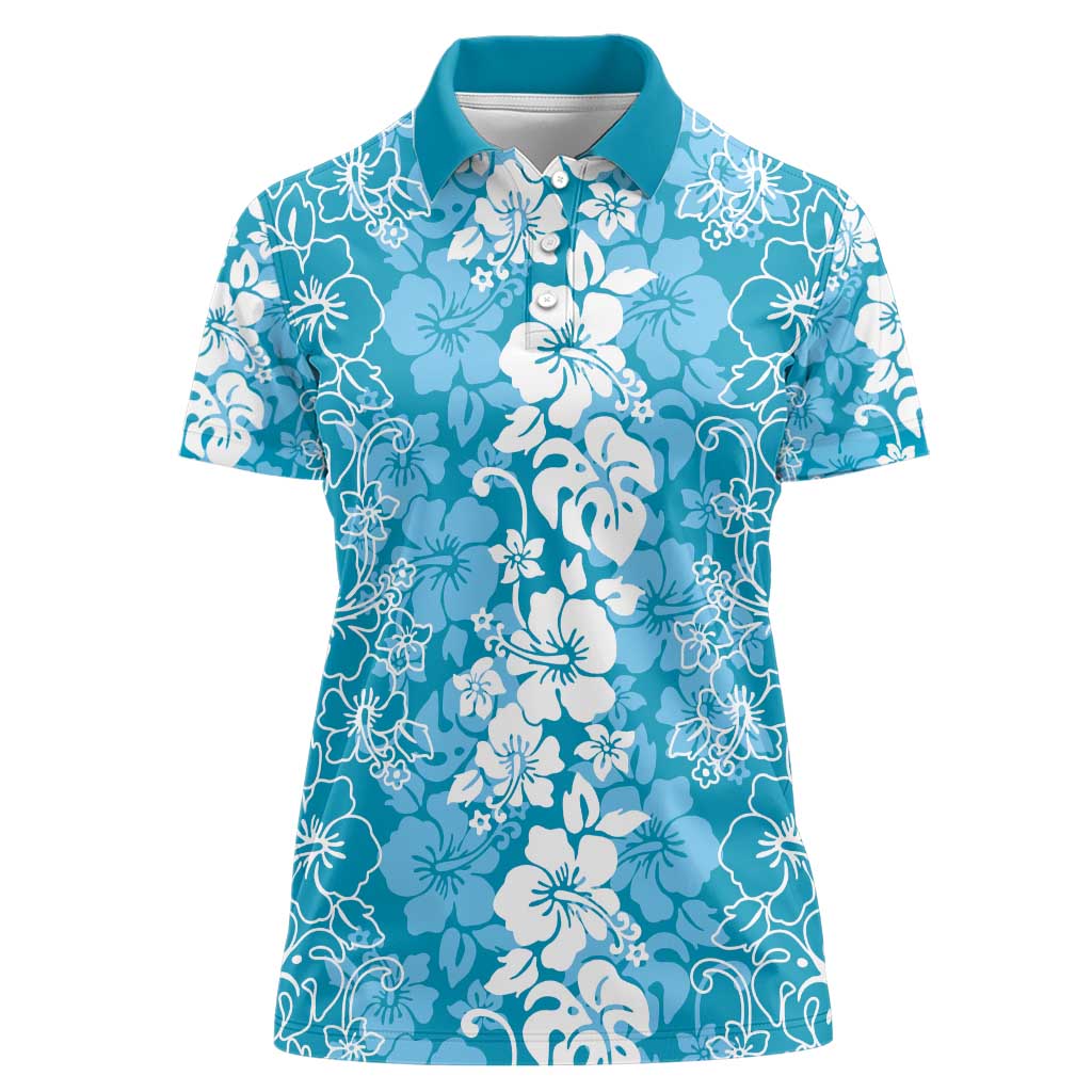 Hawaiian Lei Day Women Polo Shirt Blue Hibiscus Flowers Lei Art LT9 Female Blue - Polynesian Pride