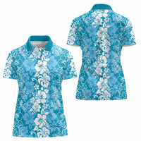 Hawaiian Lei Day Women Polo Shirt Blue Hibiscus Flowers Lei Art LT9 - Polynesian Pride