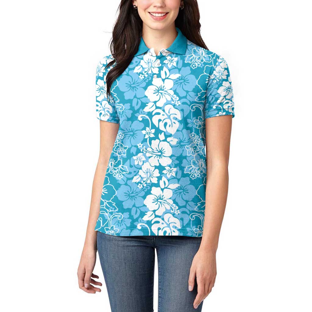 Hawaiian Lei Day Women Polo Shirt Blue Hibiscus Flowers Lei Art LT9 - Polynesian Pride