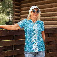 Hawaiian Lei Day Women Polo Shirt Blue Hibiscus Flowers Lei Art LT9 - Polynesian Pride