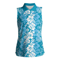 Hawaiian Lei Day Women Sleeveless Polo Shirt Blue Hibiscus Flowers Lei Art LT9 Female Blue - Polynesian Pride