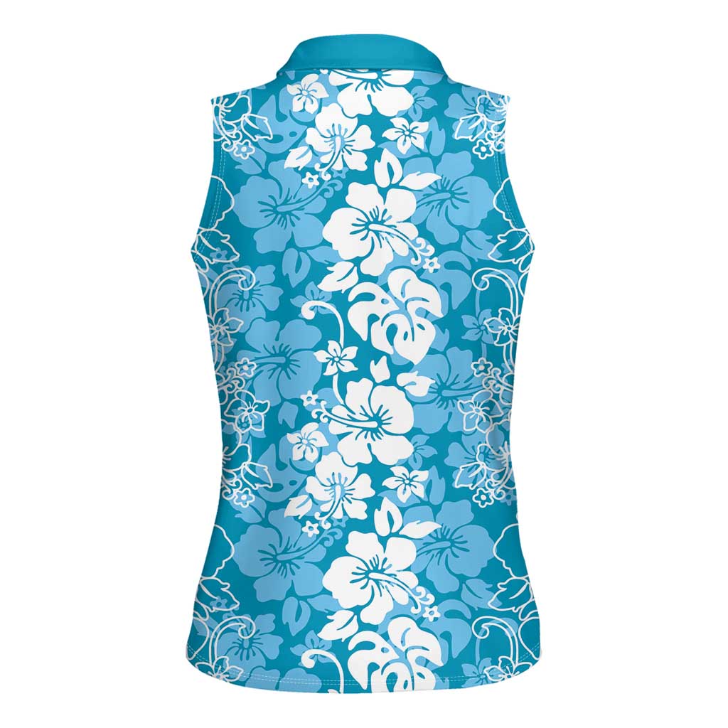 Hawaiian Lei Day Women Sleeveless Polo Shirt Blue Hibiscus Flowers Lei Art LT9 - Polynesian Pride