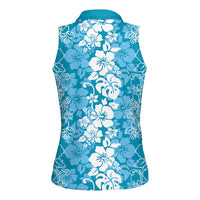 Hawaiian Lei Day Women Sleeveless Polo Shirt Blue Hibiscus Flowers Lei Art LT9 - Polynesian Pride