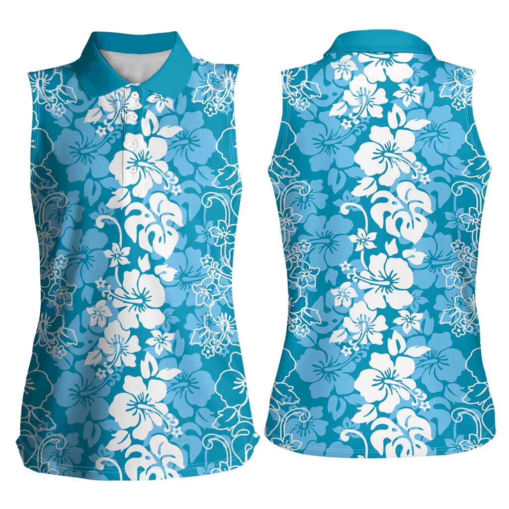 Hawaiian Lei Day Women Sleeveless Polo Shirt Blue Hibiscus Flowers Lei Art LT9 - Polynesian Pride
