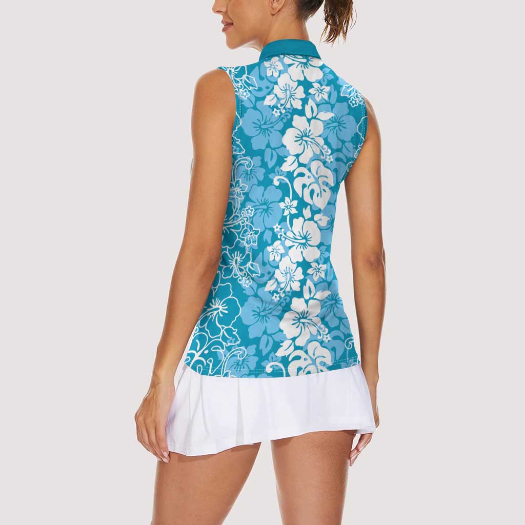 Hawaiian Lei Day Women Sleeveless Polo Shirt Blue Hibiscus Flowers Lei Art LT9 - Polynesian Pride