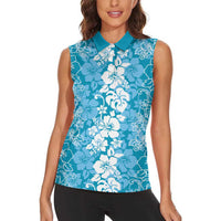 Hawaiian Lei Day Women Sleeveless Polo Shirt Blue Hibiscus Flowers Lei Art LT9 - Polynesian Pride