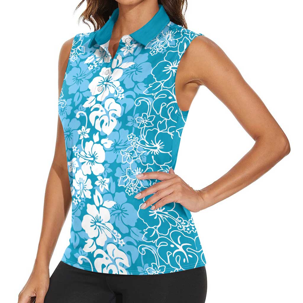 Hawaiian Lei Day Women Sleeveless Polo Shirt Blue Hibiscus Flowers Lei Art LT9 - Polynesian Pride