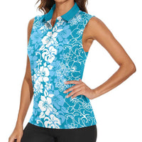 Hawaiian Lei Day Women Sleeveless Polo Shirt Blue Hibiscus Flowers Lei Art LT9 - Polynesian Pride