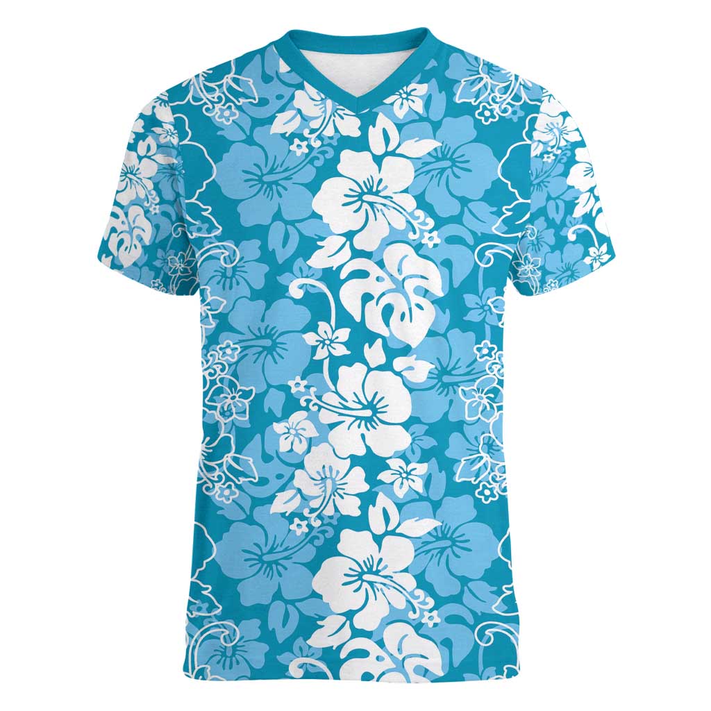 Hawaiian Lei Day Women V-Neck T-Shirt Blue Hibiscus Flowers Lei Art LT9 Female Blue - Polynesian Pride