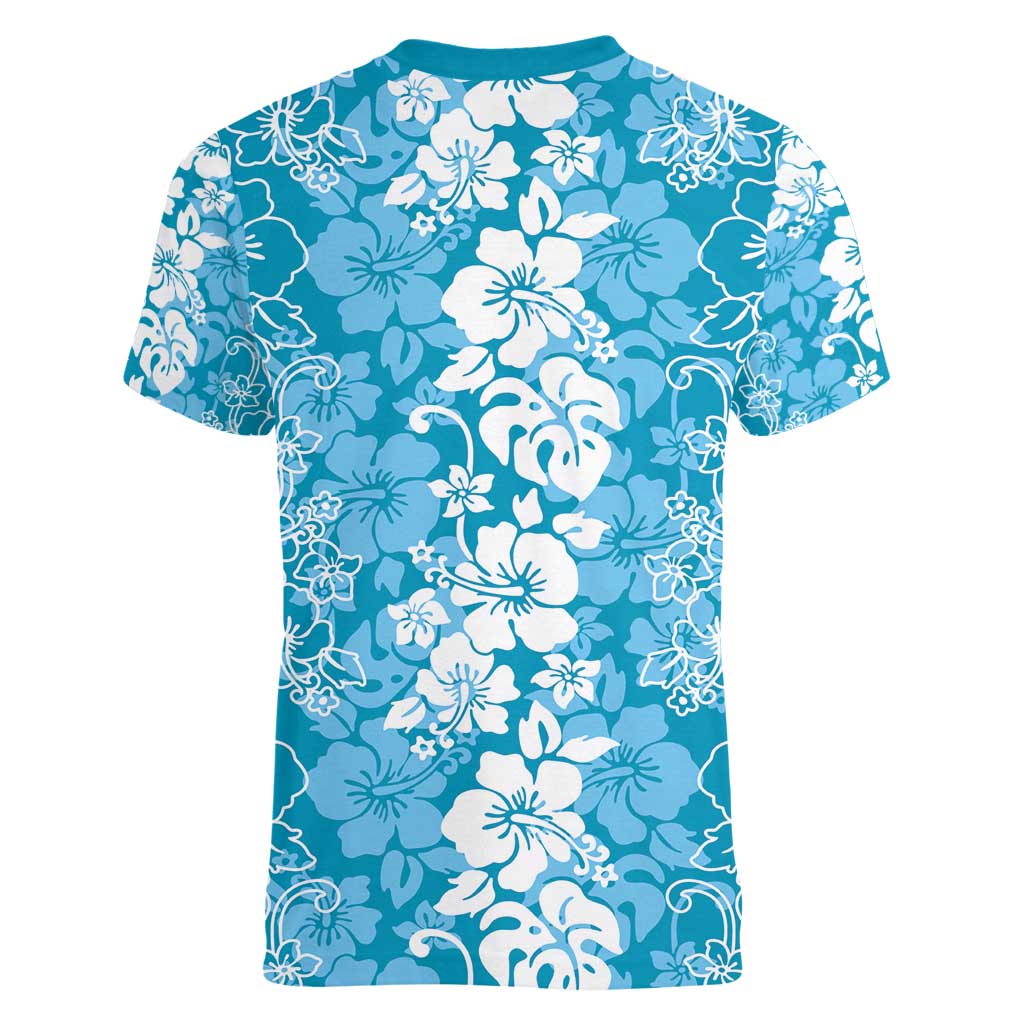Hawaiian Lei Day Women V-Neck T-Shirt Blue Hibiscus Flowers Lei Art LT9 - Polynesian Pride